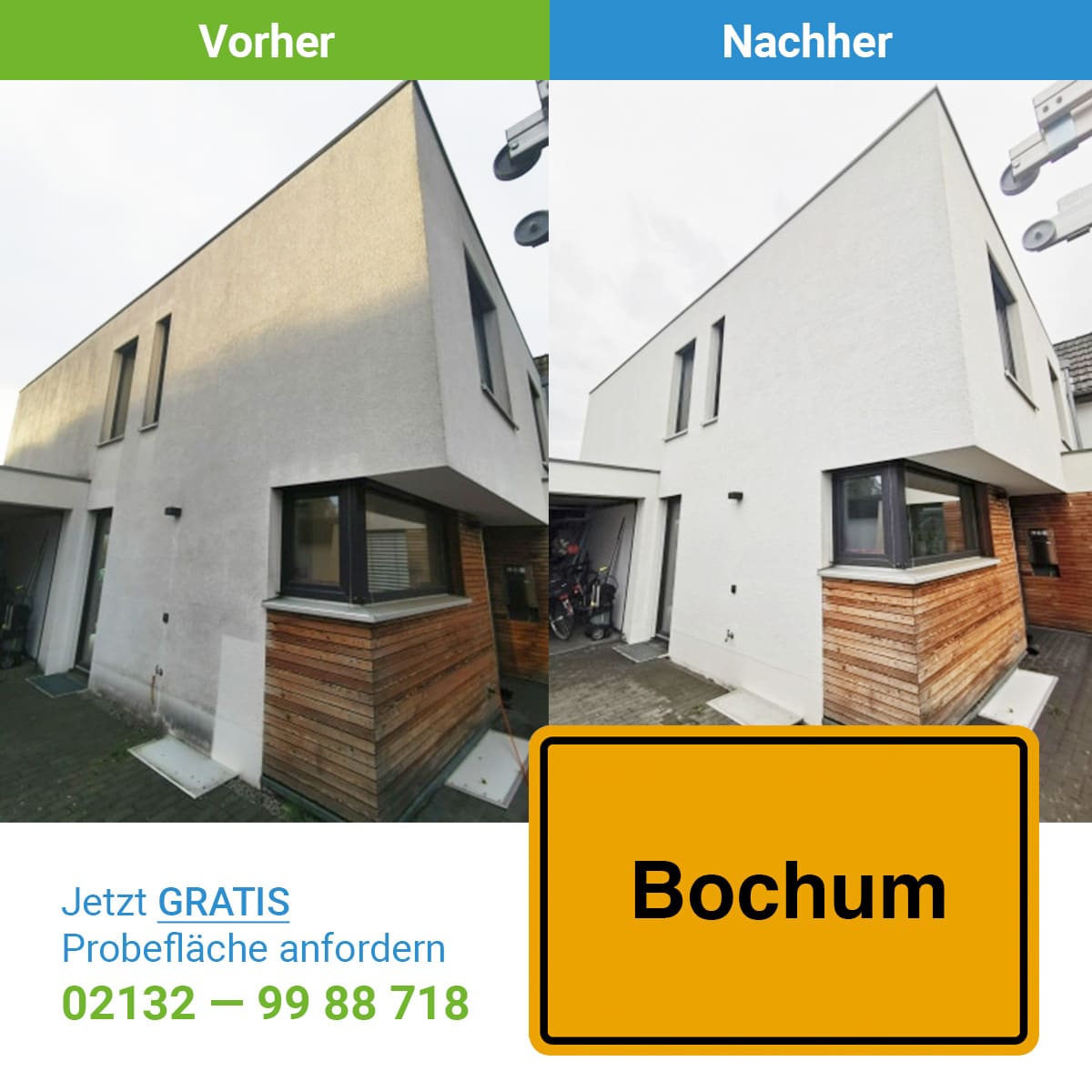 Fassadenreinigung in Bochum, SC SystemCare GmbH, ein Vorher-Nachher Bild mit dem Ergeniss der Reinigung -professionelle Fassadenreinigung