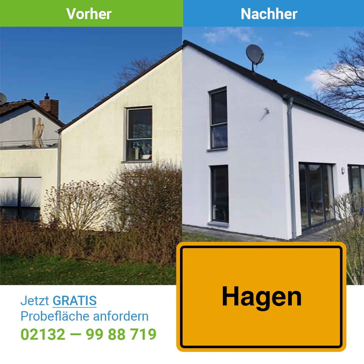 Fassadenreinigung in hagen, SC SystemCare GmbH, ein Vorher-Nachher Bild mit dem Ergeniss der Reinigung -professionelle Fassadenreinigung